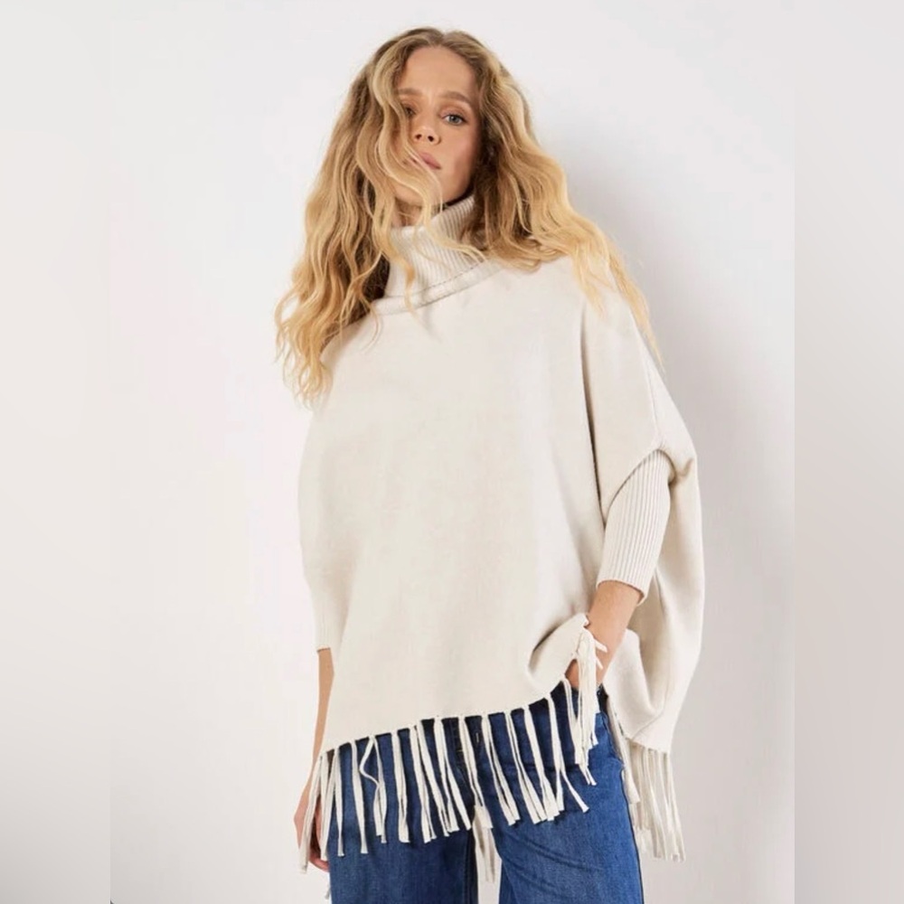Apricot 🍑 - Women’s Cream Turtleneck Fringe Poncho Sweater - Picture 6 of 6